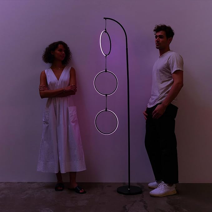 Brightech Nova Modern Color Changing Floor Lamp - LED Lamp with Stunning RGB Color Gradient and Contemporary 3-Circle Ring-Style Pendant - Corner or Over-The-Couch Arching Pole Standing Lamp - Black - LeafyLoom
