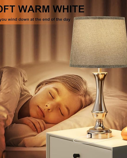 Touch Lamps for Bedrooms Set of 2 - Nightstand Table Lamp with USB C+A, 3 Way Dimmable Bedside Lamps for Living Room End Tables Set of 2, Farmhouse Night Stand Lamps(Grey&Nickel) - LeafyLoom