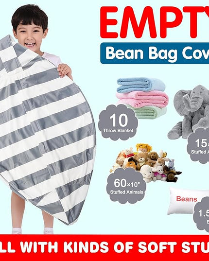 Lukeight Stuffed Animal Storage Bean Bag Chair Cover for Kids, Zipper Beanbag Chair Cover for Organizing Toddler & Kids' Rooms Plush Toys (Gray+white Velvet, Large) - LeafyLoom