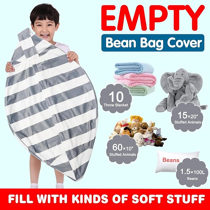 Lukeight Stuffed Animal Storage Bean Bag Chair Cover for Kids, Zipper Beanbag Chair Cover for Organizing Toddler & Kids' Rooms Plush Toys (Gray+white Velvet, Large) - LeafyLoom