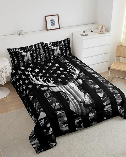 Manfei Deer Antlers Silhouette Comforter Set Twin,Camouflage American Flag Bedding Set, Wild Animal Natural Quilt Set 2 Pcs for Kids Teens Adults Room Decor,Black Grey Duvet Insert with 1 Pillowcase - LeafyLoom