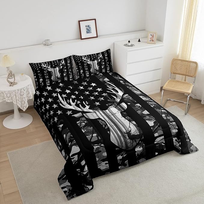 Manfei Deer Antlers Silhouette Comforter Set Twin,Camouflage American Flag Bedding Set, Wild Animal Natural Quilt Set 2 Pcs for Kids Teens Adults Room Decor,Black Grey Duvet Insert with 1 Pillowcase - LeafyLoom