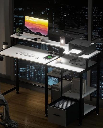 GreenForest 55 inch Computer Desk with Drawers and Outlets, Home Office Desk with Storage and Printer Shelf, Work Desk with Fabric File Drawer, Study Desk with Monitor Stand, Computer Table, White - LeafyLoom