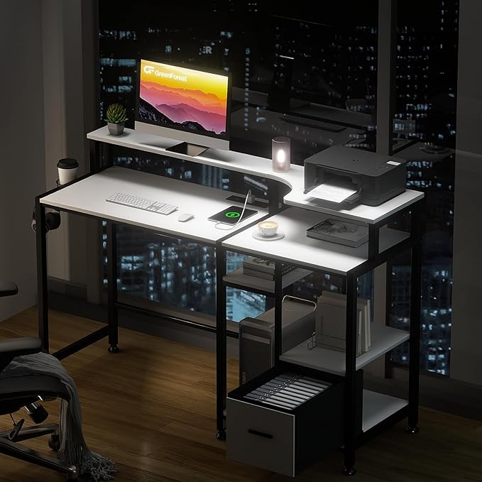 GreenForest 55 inch Computer Desk with Drawers and Outlets, Home Office Desk with Storage and Printer Shelf, Work Desk with Fabric File Drawer, Study Desk with Monitor Stand, Computer Table, White - LeafyLoom