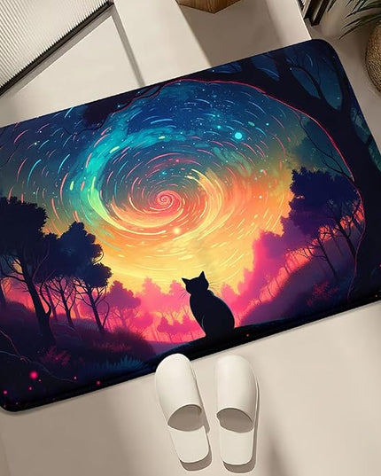 Moon Black Cat Rug - Mystical Stary Night Cat Rug for Kids Bedroom Colorful Black Cat Rug Decor Room Cat Door Mats Outdoor Entrance, 2x3 Feet - LeafyLoom