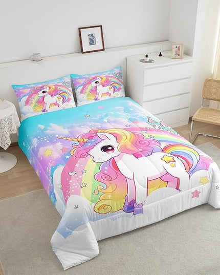Manfei Cute Unicorn Kids Comforter Set Full Size,Rainbow Stars Cloud Dreamy Bedding Set,Girls Women Room Decor,Cartoon Animals Castle Girly Down Comforter,Pink Blue Unique Duvet Insert,2 Pillowcases - LeafyLoom