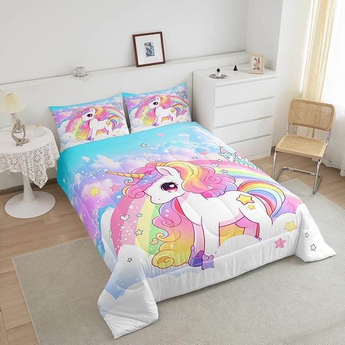 Manfei Cute Unicorn Kids Comforter Set Full Size,Rainbow Stars Cloud Dreamy Bedding Set,Girls Women Room Decor,Cartoon Animals Castle Girly Down Comforter,Pink Blue Unique Duvet Insert,2 Pillowcases - LeafyLoom