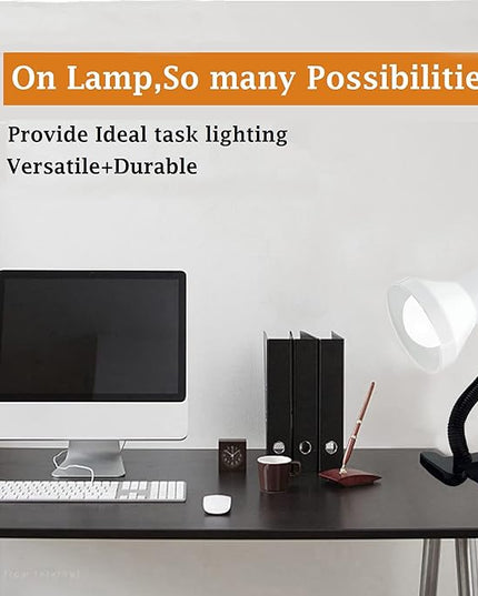 Xtricity clamp Light, Clip on Desk lamp with Adjustable Gooseneck, Clip lamp for Bed 6W A19 LED Bulb Included, 120V, Convenient On/Off Switch, White Finish - LeafyLoom