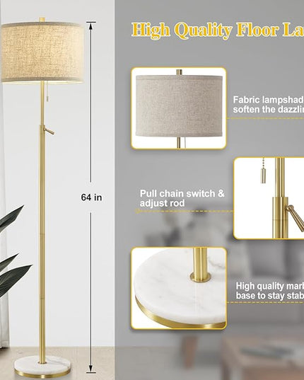 Marble Floor Lamp, Adjustable Height Standing Lamp with Marble Base Tall Lamp with Pull Chain Switch Floor Lamps for Living Room, Bedroom & Office Bulbs Not Included(Gold) - LeafyLoom