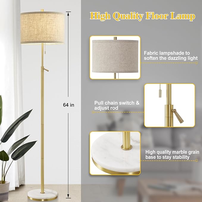 Marble Floor Lamp, Adjustable Height Standing Lamp with Marble Base Tall Lamp with Pull Chain Switch Floor Lamps for Living Room, Bedroom & Office Bulbs Not Included(Gold) - LeafyLoom