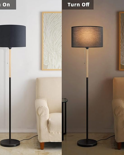 Modern Floor Lamp for Living Room Traditional Farmhouse Floor Lamps Mid-Century Pole Lamp with Linen Lamp Shade, Standing Tall Floor Lamps for Bedrooms and Office (Black) - LeafyLoom