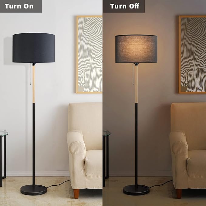 Modern Floor Lamp for Living Room Traditional Farmhouse Floor Lamps Mid-Century Pole Lamp with Linen Lamp Shade, Standing Tall Floor Lamps for Bedrooms and Office (Black) - LeafyLoom