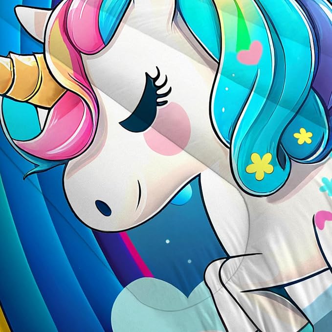 Unicorn Bedding Full Size Rainbow Comforter Set for Girls Kids Children Boys Teens Cartoon Unicorn Colorful Starry Blue Glitter Quilt 1 Comforter + 2 Pillow Cases - LeafyLoom