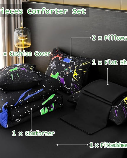 DORCAS Twin Size Gamer Comforter Set with Sheets for Boys,Game Console Black Bedding Set for Kids,6 Pieces Bedding Set Boys Colorful Graffiti Gaming Comforter,Sheets,Pillowcases (Black, Twin) - LeafyLoom