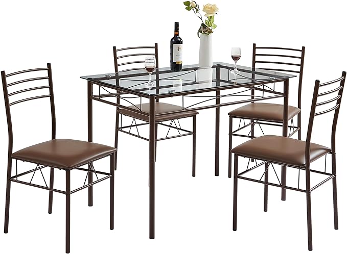 VECELO Kitchen Dining Room Table and Chairs [4 Placemats Included] 5-Piece Dinette Sets, Space Saving (Brown), 43.3" - LeafyLoom