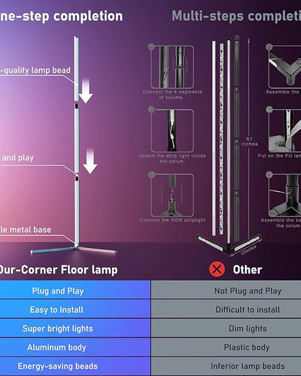 bedee LED Corner Floor Lamp: 50" RGB 16 Million Color Changing Floor Lamp with Music Sync, Modern Standing Ambient Light with APP & Remote Control, DIY Modes & Timer for Living Room Gaming Room Decor - LeafyLoom