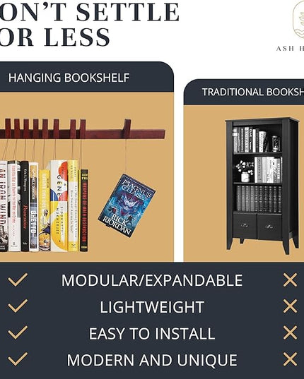 Floating Wall Bookshelf - Wall Mounted Book Organizer with Included Bookmarks - Hardwood Hanging Bookshelf for Bedroom, Living Room, or Kitchen - A Thoughtful Gift for Book Lovers (Dark) - LeafyLoom
