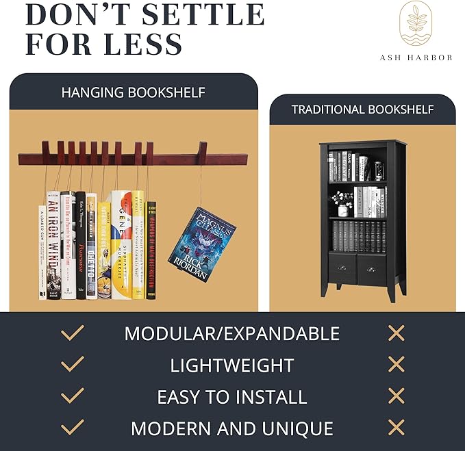 Floating Wall Bookshelf - Wall Mounted Book Organizer with Included Bookmarks - Hardwood Hanging Bookshelf for Bedroom, Living Room, or Kitchen - A Thoughtful Gift for Book Lovers (Dark) - LeafyLoom