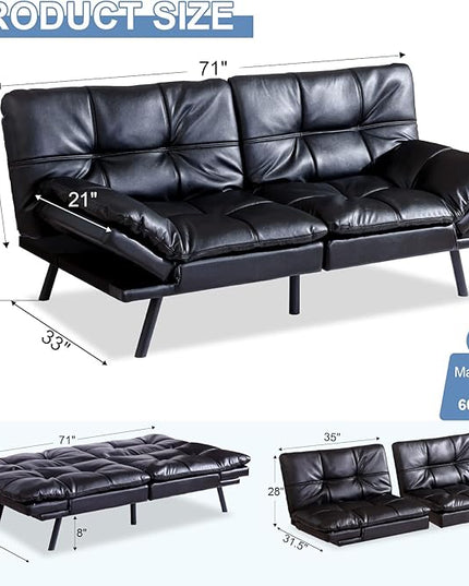 MUUEGM Futon Sofa Bed Convertible Memory Foam Sleeper Couch,Modern Faux Leather Daybed Love seat for Living Room Office Apartment Small Space,Adjustable Arm&Back,71" Sofabed, Black - LeafyLoom