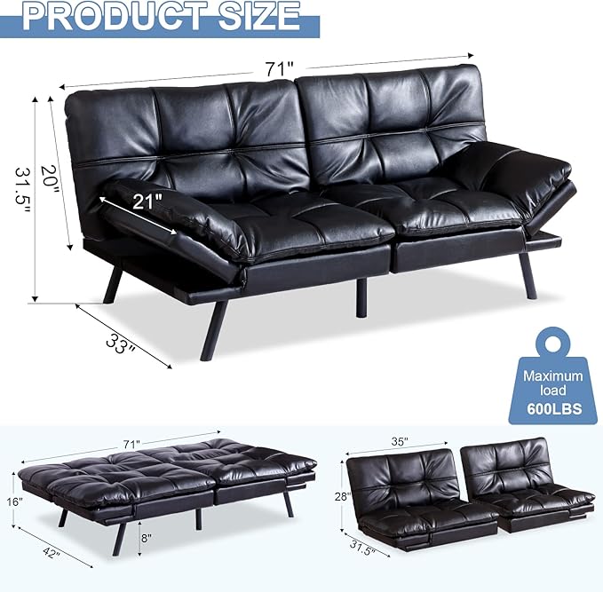 MUUEGM Futon Sofa Bed Convertible Memory Foam Sleeper Couch,Modern Faux Leather Daybed Love seat for Living Room Office Apartment Small Space,Adjustable Arm&Back,71" Sofabed, Black - LeafyLoom
