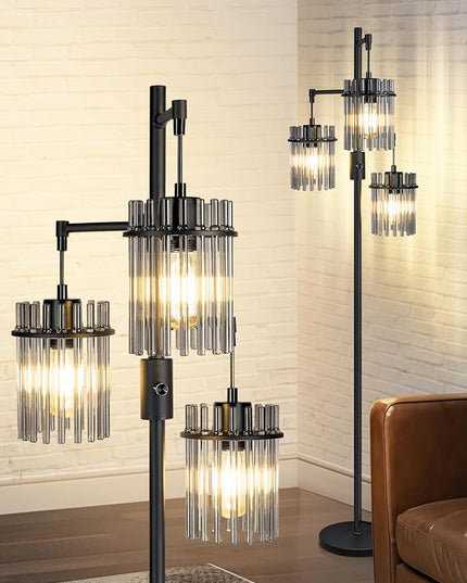Industrial Modern Floor Lamps for Living Room, Dimmable Glass Tree Standing Tall Lamps with 3 Elegant Teardrop Cage Head & 800 Lumens LED Bulbs for Bedroom Office (66inch tall) - LeafyLoom