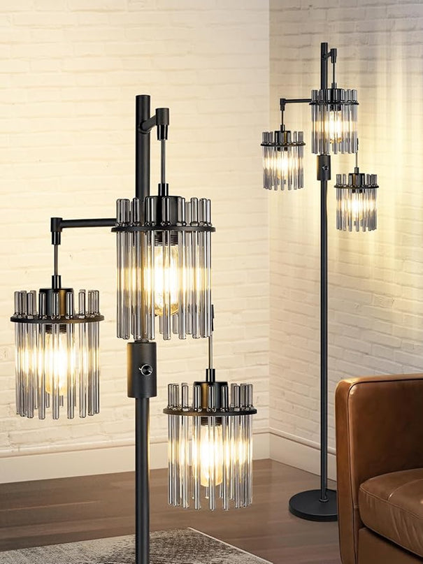 Industrial Modern Floor Lamps for Living Room, Dimmable Glass Tree Standing Tall Lamps with 3 Elegant Teardrop Cage Head & 800 Lumens LED Bulbs for Bedroom Office (66inch tall) - LeafyLoom