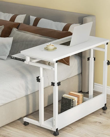 Tribesigns Portable Desk for Sofa and Bed, Height Adjustable Mobile Laptop Table Small Standing Desk Rolling Computer Cart with Keyboard Tray on Wheels for Home Office (White) - LeafyLoom