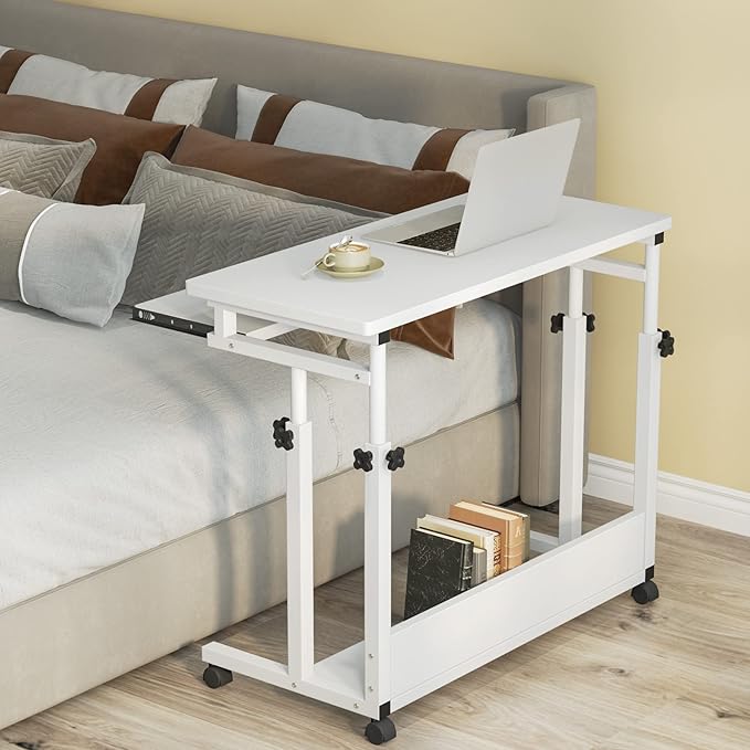 Tribesigns Portable Desk for Sofa and Bed, Height Adjustable Mobile Laptop Table Small Standing Desk Rolling Computer Cart with Keyboard Tray on Wheels for Home Office (White) - LeafyLoom