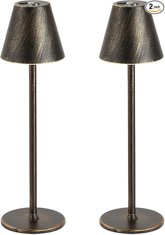 2 Pack LED CordlessTable Lamp,4000mAh Rechargeable Battery Desk lamp,3 Level Brightness Night Light, Metal Shell,Simple Design, for Couple Dinner/Coffee Table/Restaurant/Bedroom(Vintage Copper 2pack) - LeafyLoom