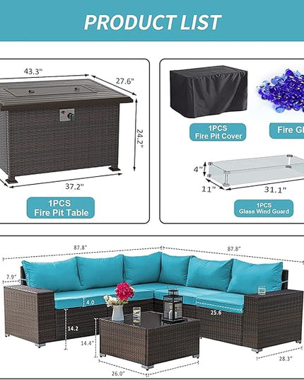 Kullavik 7 Pieces Outdoor Patio Furniture Set with 43" 55000BTU Gas Propane Fire Pit Table PE Wicker Rattan Sectional Sofa Patio Conversation Sets,Green Blue - LeafyLoom