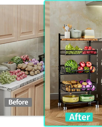 HapiRm 5 Tier Fruit Basket Kitchen Storage Cart, Adjustable Fruit and Vegetable Basket, Wooden Top Table Fruit Rack, Snack Cart with Wheels, Metal Mesh and Wire Storage Basket for Onions and Potatoes - LeafyLoom