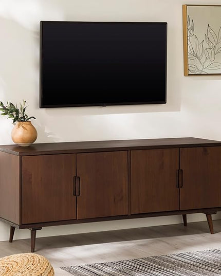 Walker Edison Genia Mid-Century Modern Solid Wood Stand for TVs up to 65 Inches, Walnut - LeafyLoom