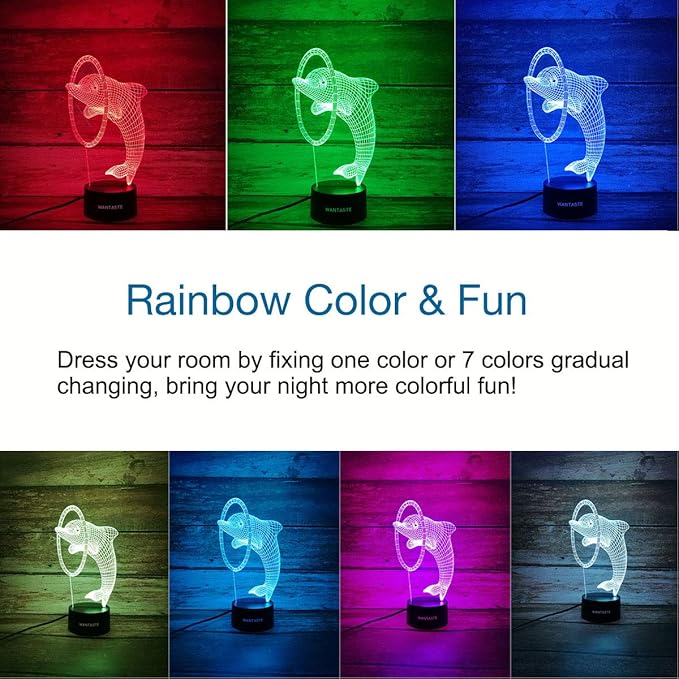 Dolphin 3D Lamp Gifts for Boys Girls Room, Night Light Toys Bedside Decor Gifts for Kids Baby, 7 Colors Changing Nightlight with Smart Control - LeafyLoom