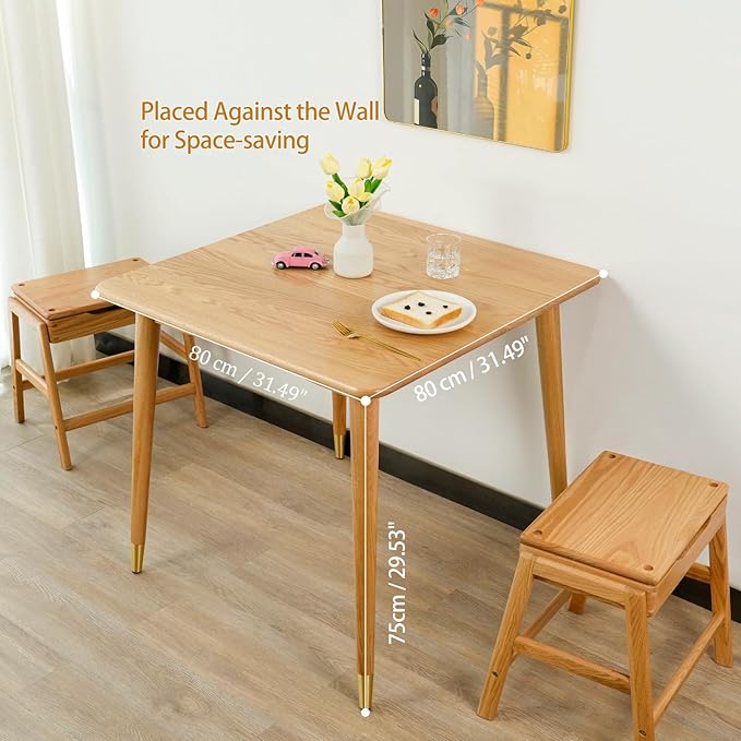 Dining Table, Solid Wood Square Dining Table for Small Space with Copper Decor, Mid Century Kitchen Tables for Island, Modern Oak Wooden Tables, 31.5”D x 31.5" W x 29.5" H (Natural Table Only) - LeafyLoom