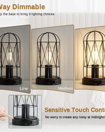 Small Touch Table Lamp Set of 2, 3 Way Dimmable Industrial Bedside Lamp with AC Outlet Rustic Steampunk Nightstand Lamp for Bedroom Living Room Office, LED Bulb Included - LeafyLoom