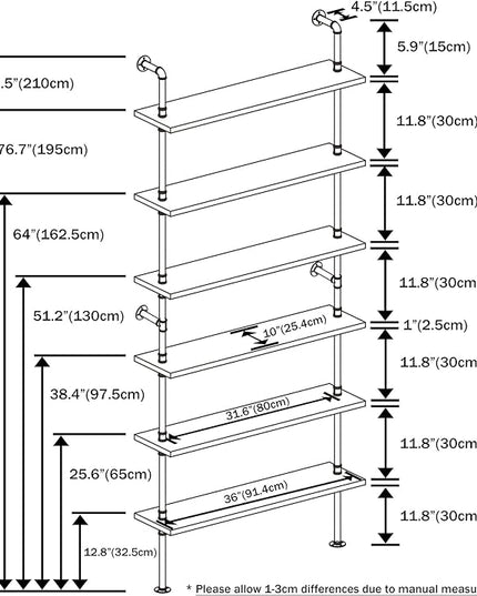 6 Tier Industrial Ladder Shelf Bookcase, Wall Mounted Rustic Bookshelf for Living Room Decor and Storage (White, 6 Tier - 10" D x 36" W x 82.5" H) - LeafyLoom