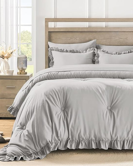 Twin Bed in a Bag 5 Pieces Comforter Set Twin, Ruffle Shabby Chic Bedding Comforter Set Light Grey Bed Set with Comforter, Pillowcase, Flat Sheet, Fitted Sheet and Pillow Sham - LeafyLoom
