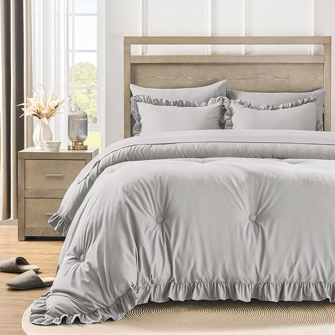 Twin Bed in a Bag 5 Pieces Comforter Set Twin, Ruffle Shabby Chic Bedding Comforter Set Light Grey Bed Set with Comforter, Pillowcase, Flat Sheet, Fitted Sheet and Pillow Sham - LeafyLoom