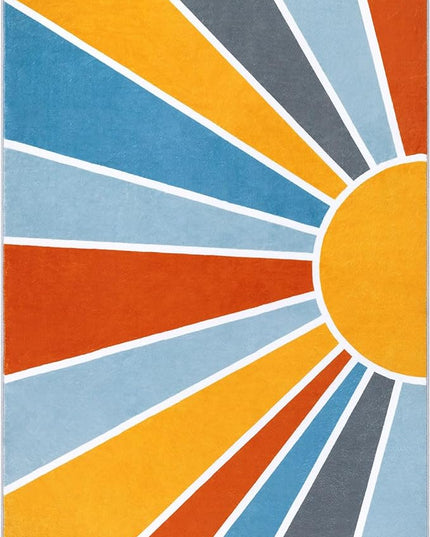 Topotdor Sun Rainbow Area Rug 4 x 6ft Boho Kids Nursery Rug, Colorful Washable Area Rug Ultra Soft Circle Classroom Rug Non-Slip for Bedroom Living Room Playroom Decor, Blue - LeafyLoom