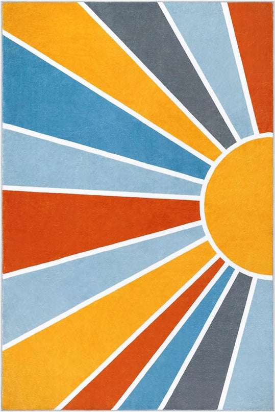 Topotdor Sun Rainbow Area Rug 4 x 6ft Boho Kids Nursery Rug, Colorful Washable Area Rug Ultra Soft Circle Classroom Rug Non-Slip for Bedroom Living Room Playroom Decor, Blue - LeafyLoom