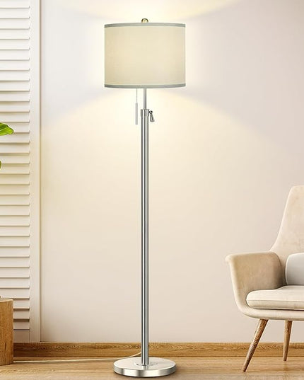 Brushed Nickel Floor Lamp for Living Room, Adjustable Height Standing Lamp with Metal Base, Tall Pole Light with Grey Shade for Bedroom, 8W 4000K 3-Way LED Bulb Included (Brushed Nickel, Grey Shade) - LeafyLoom