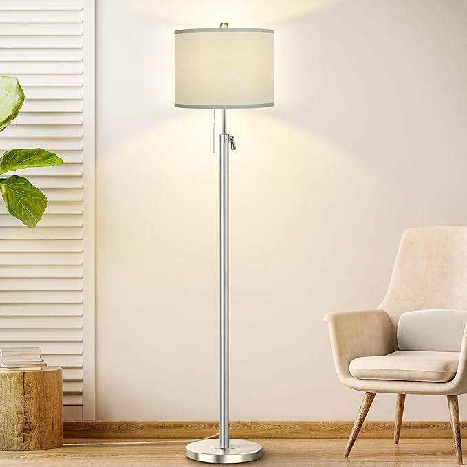 Brushed Nickel Floor Lamp for Living Room, Adjustable Height Standing Lamp with Metal Base, Tall Pole Light with Grey Shade for Bedroom, 8W 4000K 3-Way LED Bulb Included (Brushed Nickel, Grey Shade) - LeafyLoom