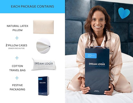 Talalay Natural Latex Foam Pillow DreamLogix - Standard Size Medium Soft Pillow for Sleeping, Side & Back Sleepers, Neck Pain Relief, 100% Cotton Cover (Medium Soft, Standard Size 24''x16''x6'') - LeafyLoom