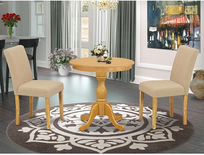 East West Furniture Eden 3 Piece Dining Set for Small Spaces Contains a Round Wooden Table with Pedestal and 2 Light Tan Linen Fabric Parson Chairs, 30x30 Inch, ESAB3-OAK-04 - LeafyLoom