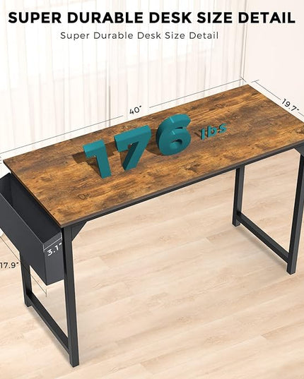 JHK Computer Small Desk Office 40 Inch Writing Work Kids Study Simple Wooden Table for Home Bedroom Modern Style with Headphone Hooks & Storage Bag, Rustic Brown - LeafyLoom