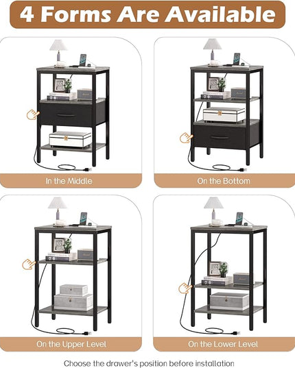 SUPERJARE Nightstand with Charging Station, Bed Side Table with Adjustable Fabric Drawer, Night Stand for Bedroom, 3-Tier Storage End Table, for Living Room, Charcoal Gray - LeafyLoom