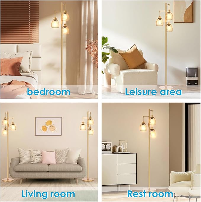 Gold Floor Lamp, Dimmable Industrial Floor Lamp Farmhouse Floor Lamps for Living Room with Cages 70'' Tall Lamp Modern Floor Lamp Standing Lamp for Bedroom Office Living Room 3 LED Bulbs Included - LeafyLoom
