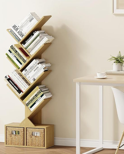 Vagusicc 6 Tier Tree Bookshelf - Retro Shelf Floor Standing Bookcase with Baskets, Tall Wood Book Storage Rack for Books/CDs, Tree Utility Book Organizer Shelves for Living Room, Home Office, Bedroom - LeafyLoom