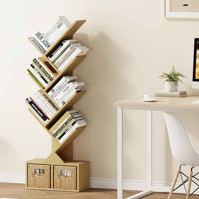 Vagusicc 6 Tier Tree Bookshelf - Retro Shelf Floor Standing Bookcase with Baskets, Tall Wood Book Storage Rack for Books/CDs, Tree Utility Book Organizer Shelves for Living Room, Home Office, Bedroom - LeafyLoom