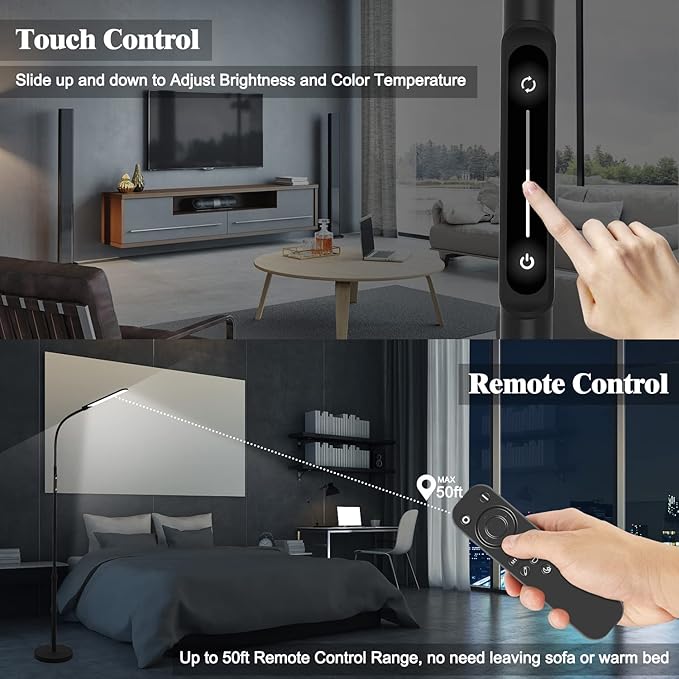 NXONE Led Floor Lamp,Modern Reading Adjustable Standing Height 4 Colors and Stepless Brightness Work Lamp for Living Room Bedroom Reading, Black - LeafyLoom